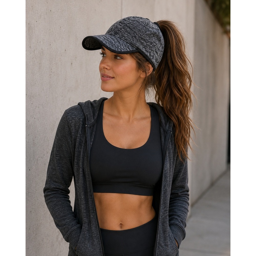 Ponyflo Women Charcoal Space Dye Ponytail Baseball Cap Performance Sport Hat NEW